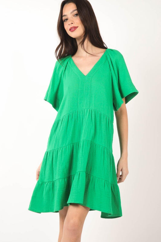 VERY J Texture V-Neck Ruffled Tiered Dress - SwagglyLife Home & Fashion