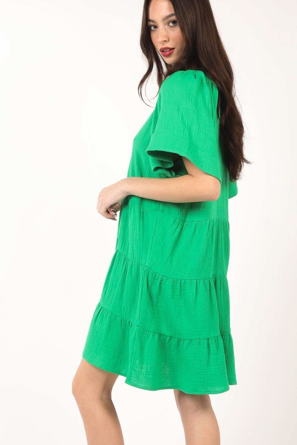 VERY J Texture V-Neck Ruffled Tiered Dress - SwagglyLife Home & Fashion