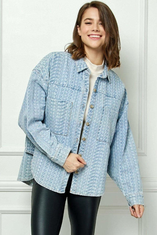 Veveret Button Up Dropped Shoulder Denim Top in - Shirts & Tops photo