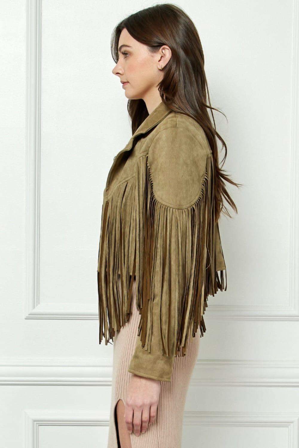 VEVERET Suede Fringe Long Sleeve Moto Jacket - SwagglyLife Home & Fashion