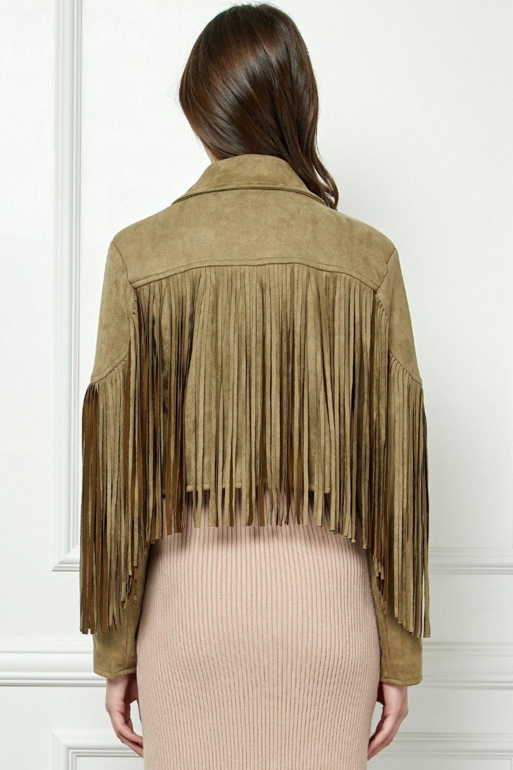 VEVERET Suede Fringe Long Sleeve Moto Jacket - SwagglyLife Home & Fashion