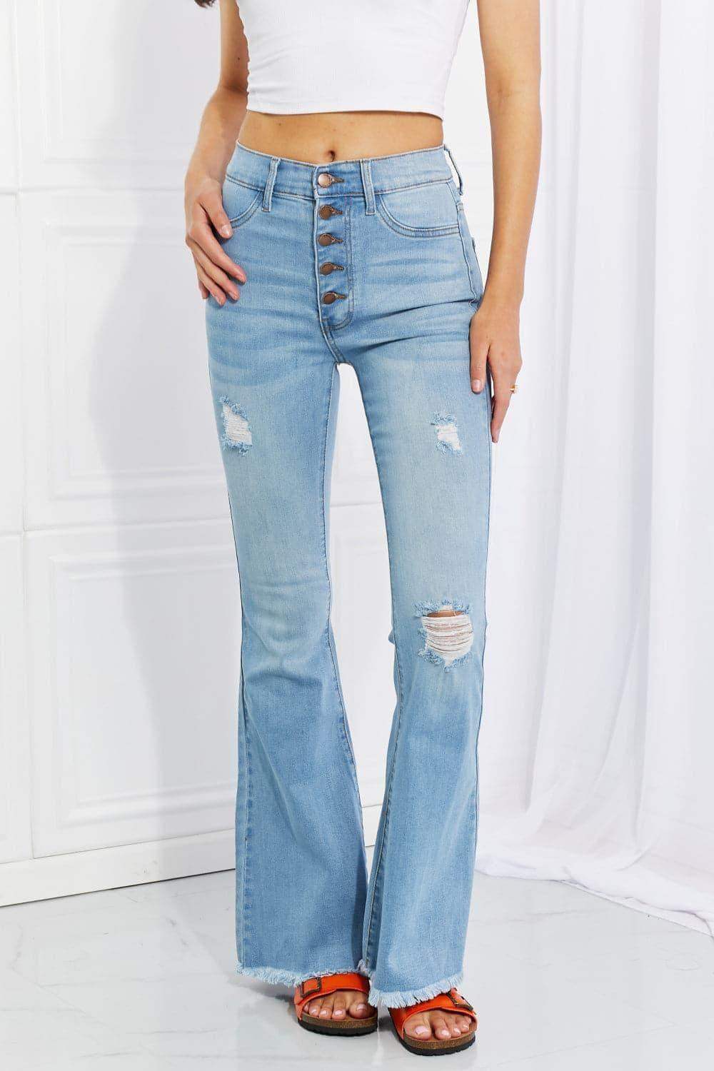 Vibrant MIU Full Size Jess Button Flare Jeans - SwagglyLife Home & Fashion