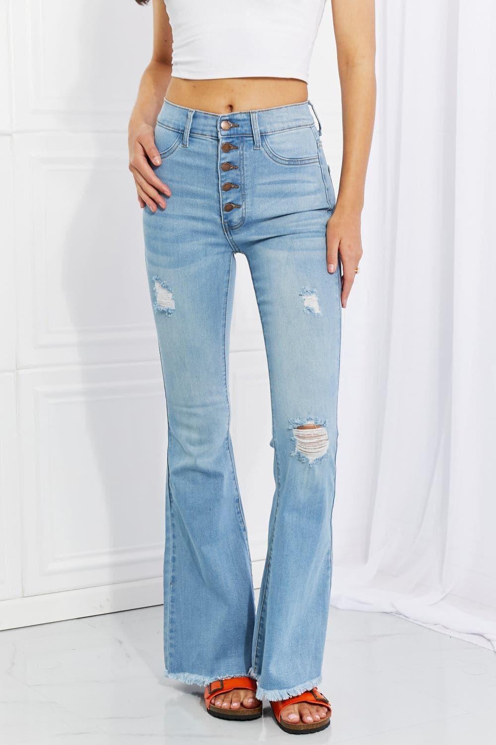 Vibrant MIU Full Size Jess Button Flare Jeans - SwagglyLife Home & Fashion
