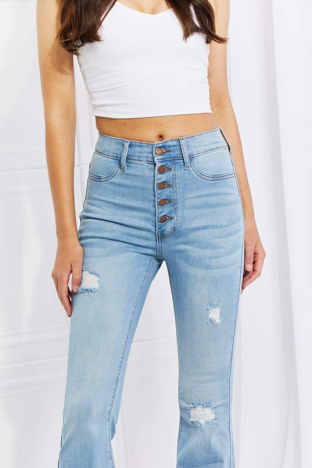 Vibrant MIU Full Size Jess Button Flare Jeans - SwagglyLife Home & Fashion