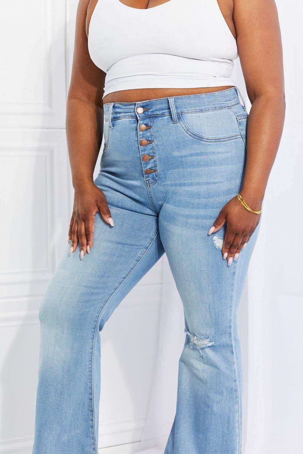 Vibrant MIU Full Size Jess Button Flare Jeans - SwagglyLife Home & Fashion