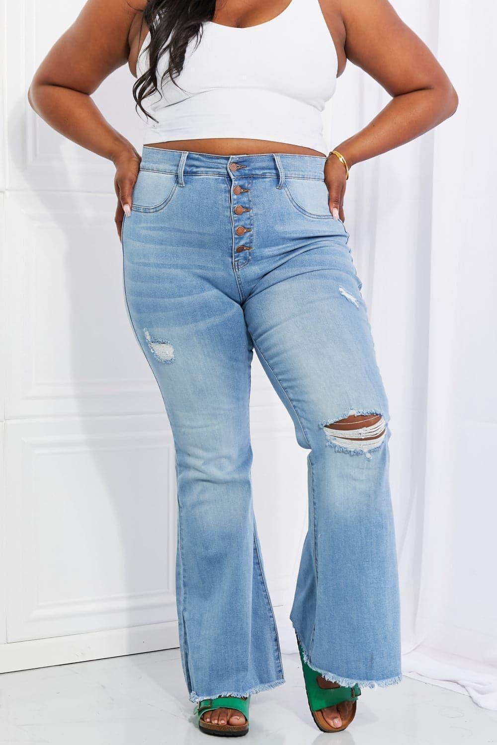 Vibrant MIU Full Size Jess Button Flare Jeans - SwagglyLife Home & Fashion