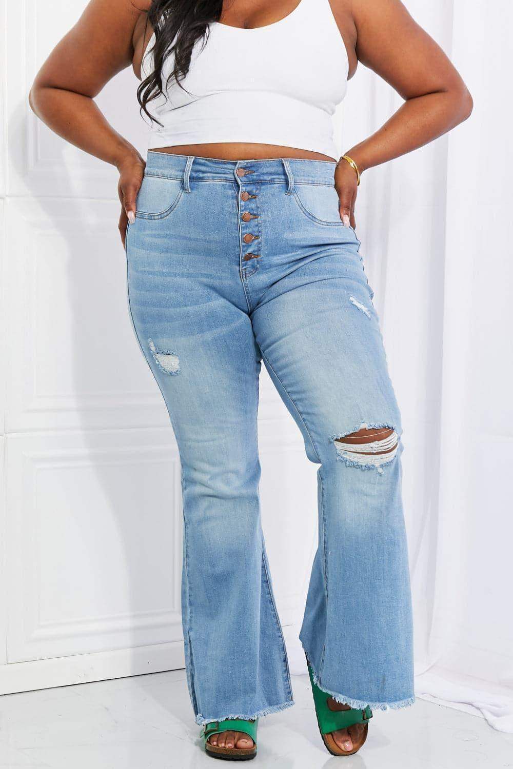Vibrant MIU Full Size Jess Button Flare Jeans - SwagglyLife Home & Fashion
