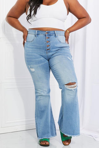 Vibrant MIU Full Size Jess Button Flare Jeans - SwagglyLife Home & Fashion
