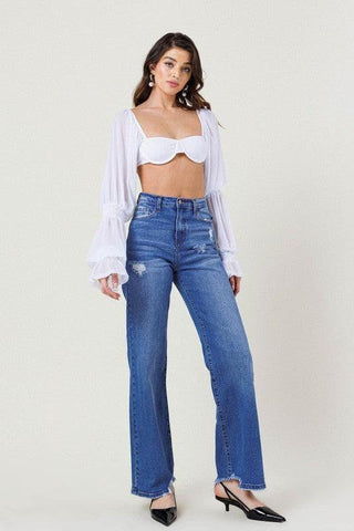 Vibrant M.i.U High Rise Wide Leg W/ Distressed Hem Detail - SwagglyLife Home & Fashion