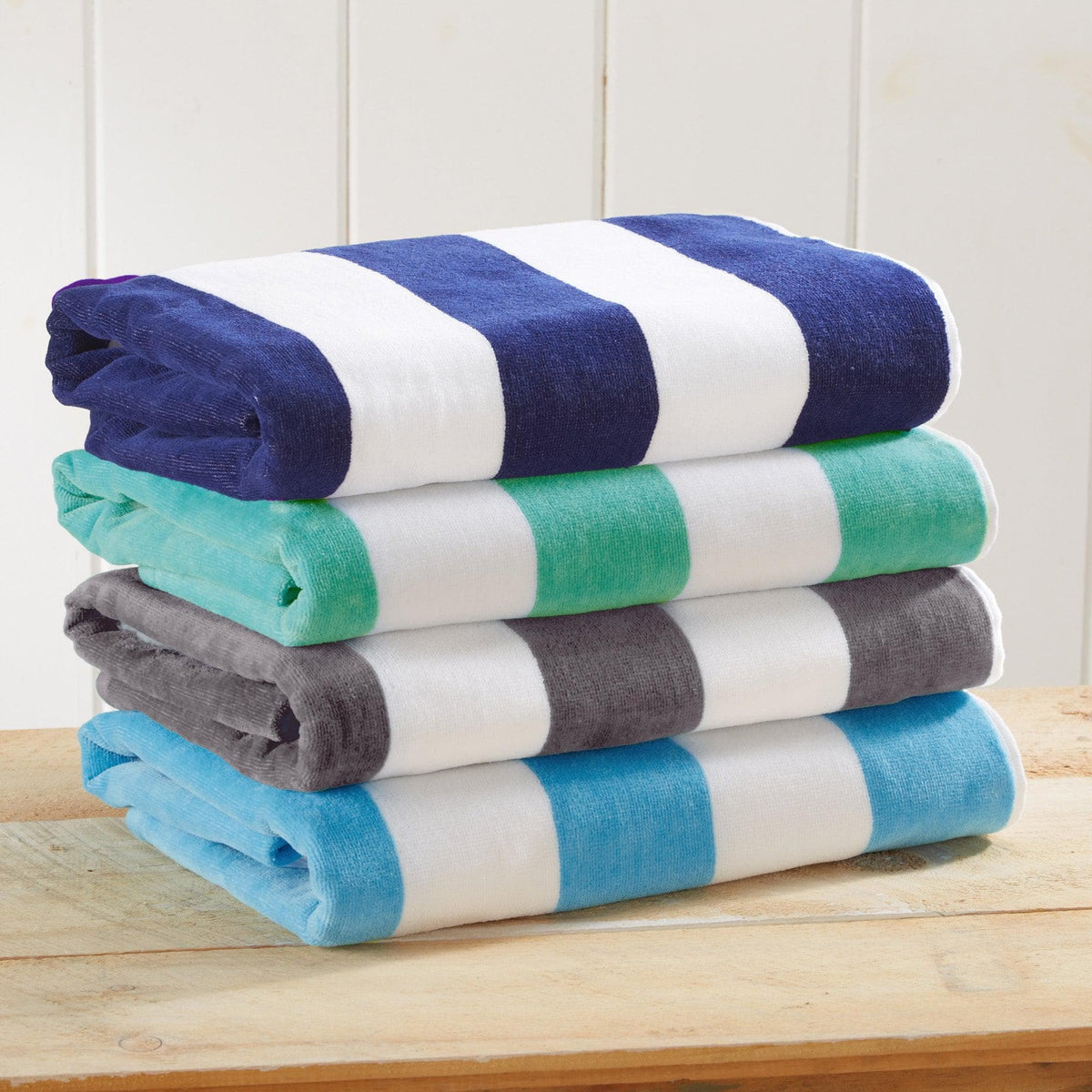 Cotton Velour Cabana Stripe Beach Towel - Novia Collection - 4 Pack- 35" x 70" Multi - Charcoal Grey, Navy, Teal, Air Blue