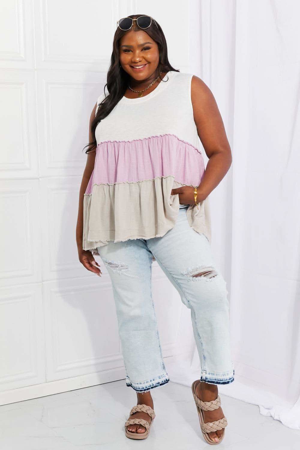 White Birch Full Size Watching the Sunset Color Block Babydoll Top - SwagglyLife Home & Fashion