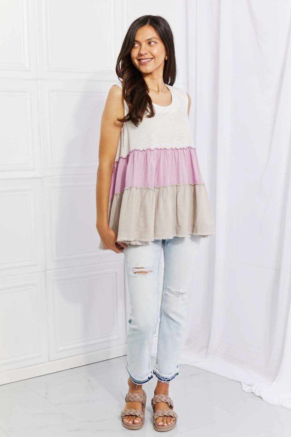 White Birch Full Size Watching the Sunset Color Block Babydoll Top - SwagglyLife Home & Fashion