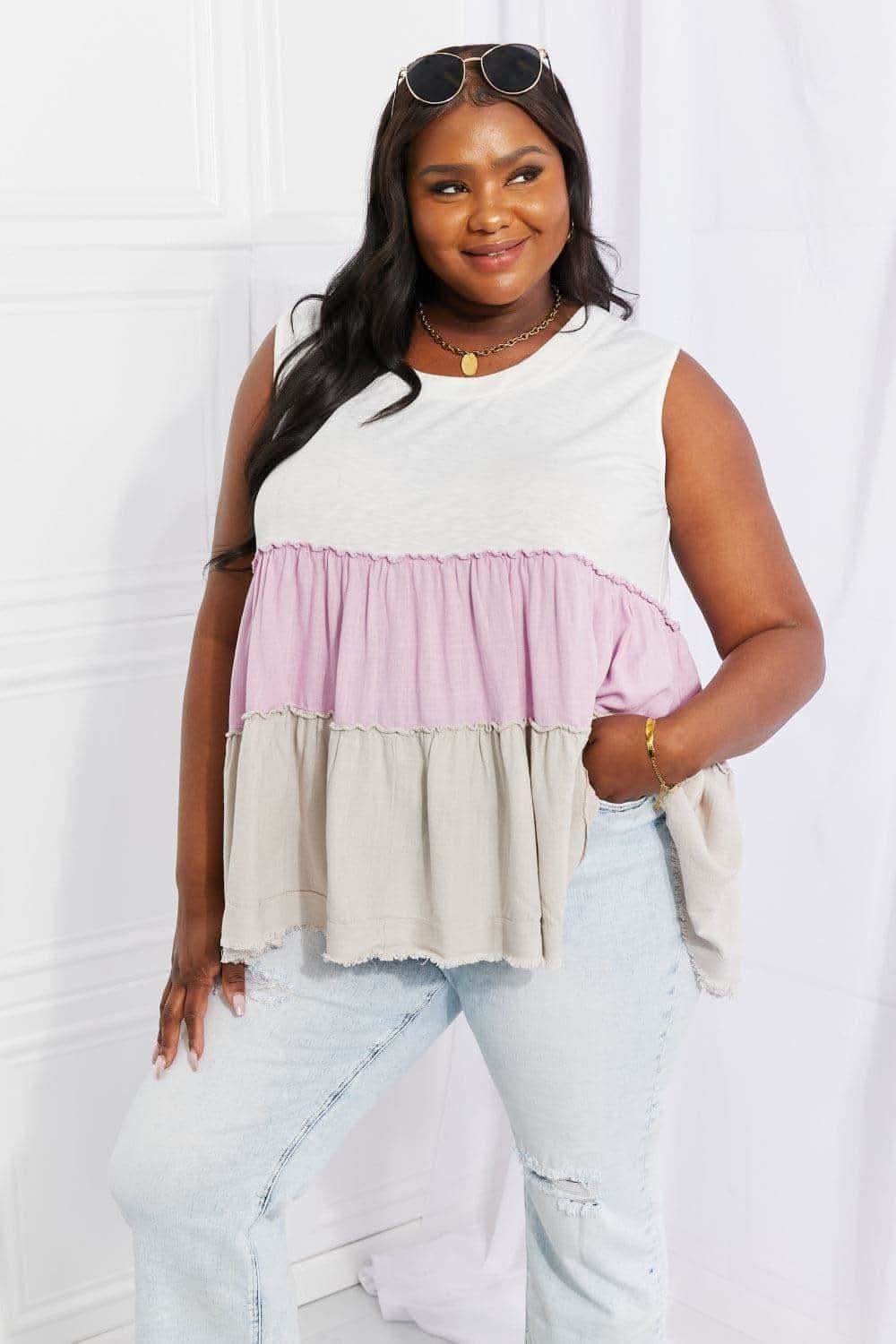 White Birch Full Size Watching the Sunset Color Block Babydoll Top - SwagglyLife Home & Fashion