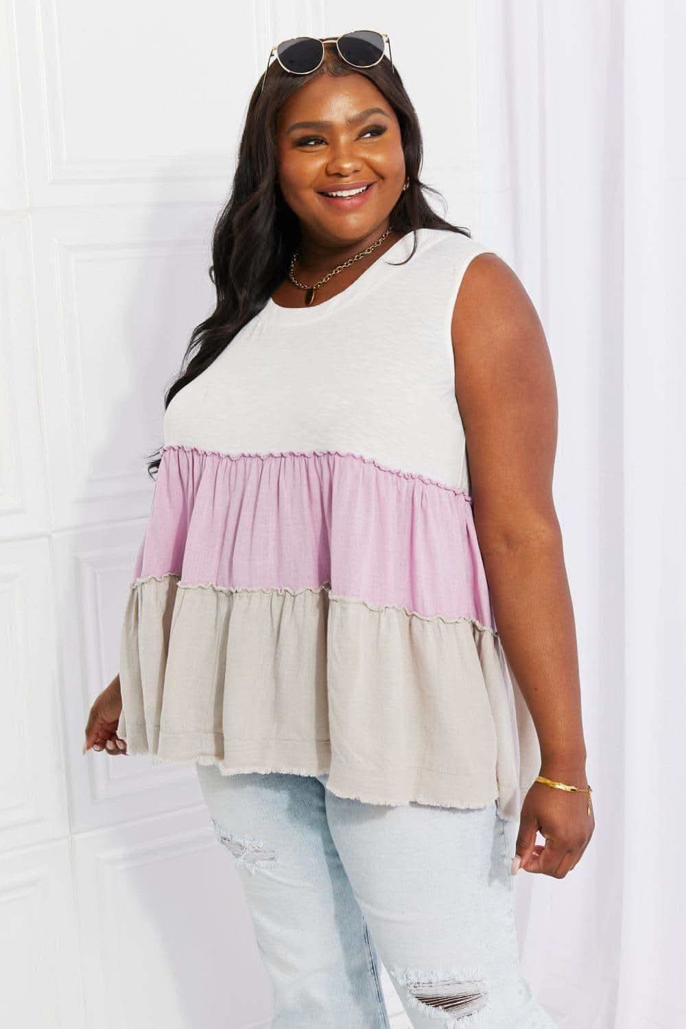 White Birch Full Size Watching the Sunset Color Block Babydoll Top - SwagglyLife Home & Fashion