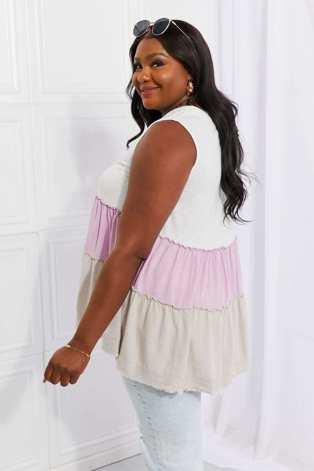 White Birch Full Size Watching the Sunset Color Block Babydoll Top - SwagglyLife Home & Fashion