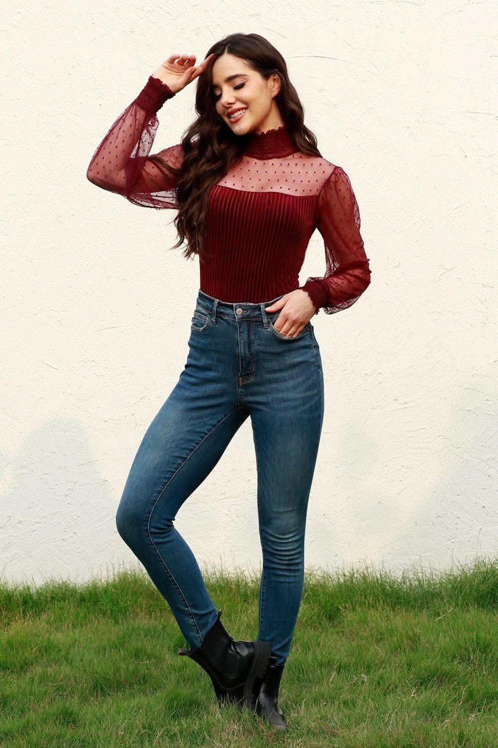 Willow Mesh Long Sleeve Velvet Bodysuit - SwagglyLife Home & Fashion