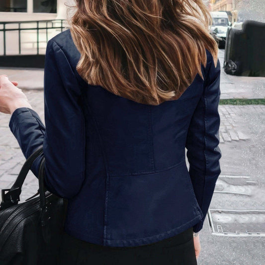Women's Navy Blue Retro Moto Rider Sheepskin Real Leather Jacket in - Coats & Jackets photo