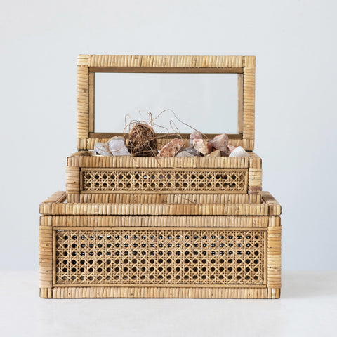Woven Rattan Wood Display Boxes with Glass Lid | 2 Sizes