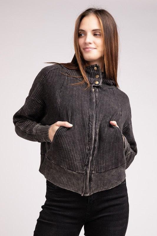 ZENANA Acid Wash Cotton Waffle Hooded Zip-Up Jacket - SwagglyLife Home & Fashion