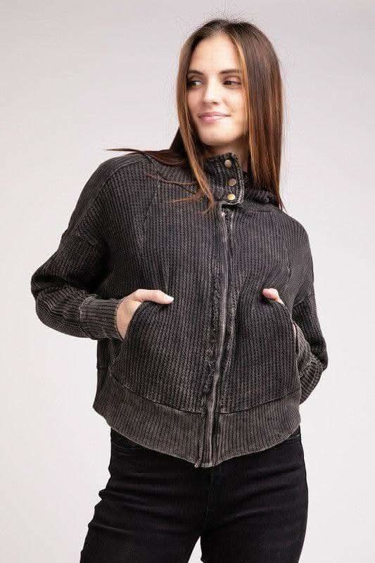 ZENANA Acid Wash Cotton Waffle Hooded Zip-Up Jacket - SwagglyLife Home & Fashion