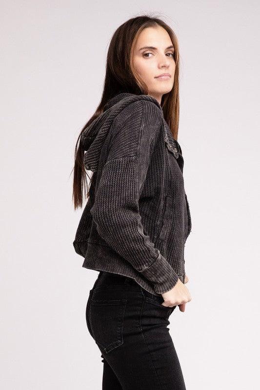ZENANA Acid Wash Cotton Waffle Hooded Zip-Up Jacket - SwagglyLife Home & Fashion