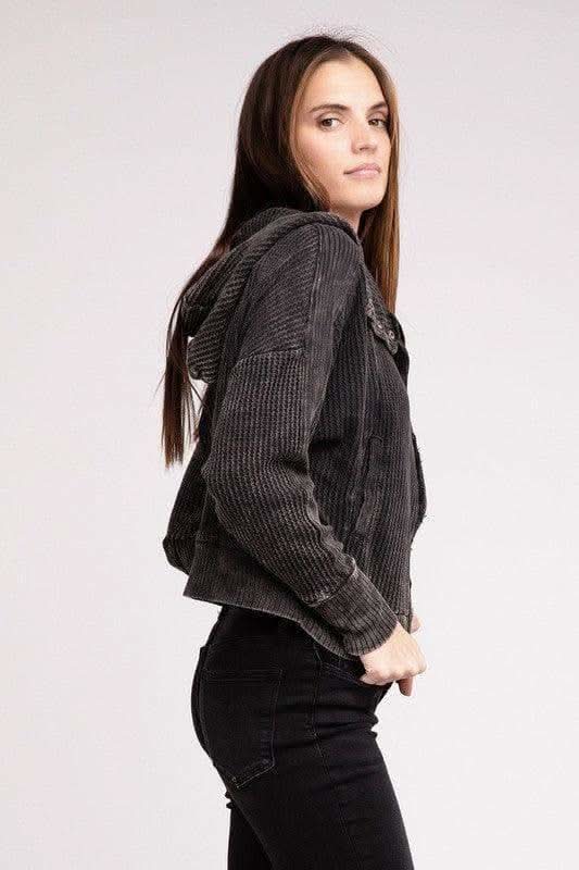 ZENANA Acid Wash Cotton Waffle Hooded Zip-Up Jacket - SwagglyLife Home & Fashion