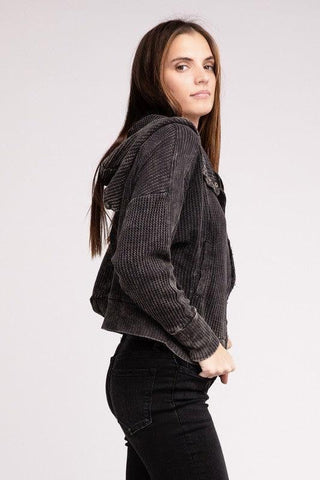 ZENANA Acid Wash Cotton Waffle Hooded Zip-Up Jacket - SwagglyLife Home & Fashion