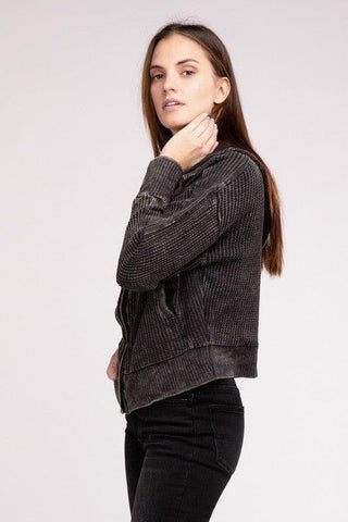 ZENANA Acid Wash Cotton Waffle Hooded Zip-Up Jacket - SwagglyLife Home & Fashion