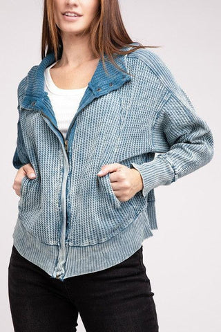 ZENANA Acid Wash Cotton Waffle Hooded Zip-Up Jacket - SwagglyLife Home & Fashion