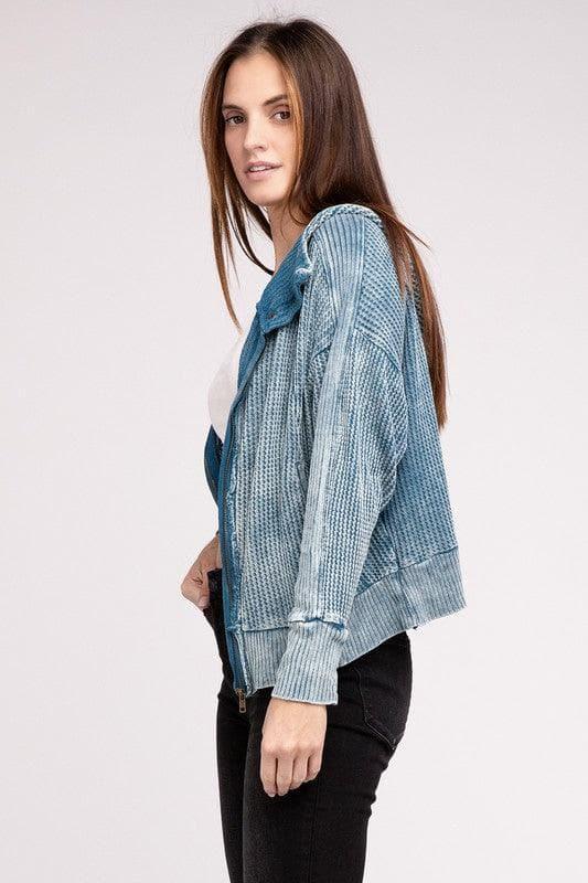 ZENANA Acid Wash Cotton Waffle Hooded Zip-Up Jacket - SwagglyLife Home & Fashion