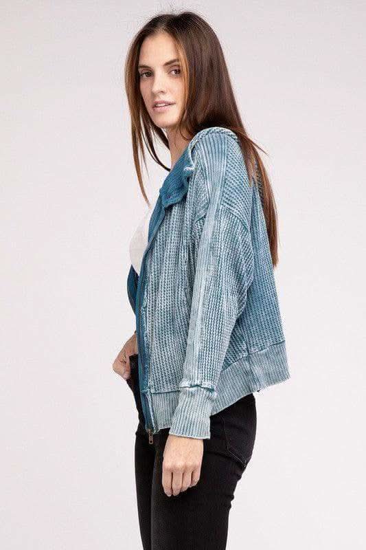 ZENANA Acid Wash Cotton Waffle Hooded Zip-Up Jacket - SwagglyLife Home & Fashion
