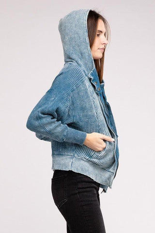 ZENANA Acid Wash Cotton Waffle Hooded Zip-Up Jacket - SwagglyLife Home & Fashion