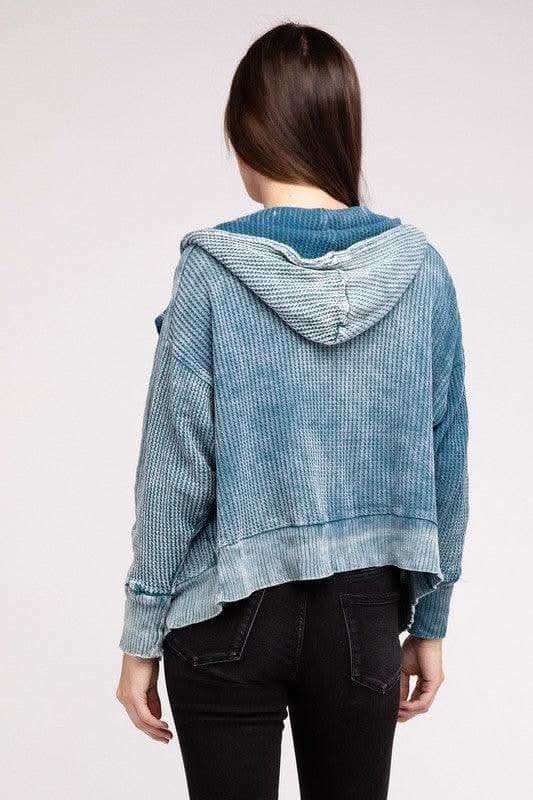 ZENANA Acid Wash Cotton Waffle Hooded Zip-Up Jacket - SwagglyLife Home & Fashion