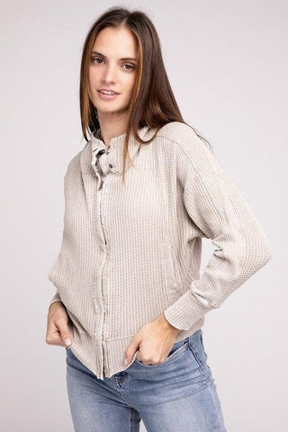 ZENANA Acid Wash Cotton Waffle Hooded Zip-Up Jacket - SwagglyLife Home & Fashion