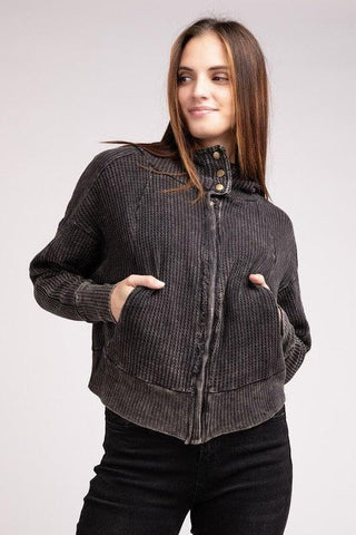 ZENANA Acid Wash Cotton Waffle Hooded Zip-Up Jacket - SwagglyLife Home & Fashion