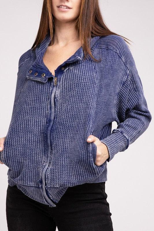 ZENANA Acid Wash Cotton Waffle Hooded Zip-Up Jacket - SwagglyLife Home & Fashion