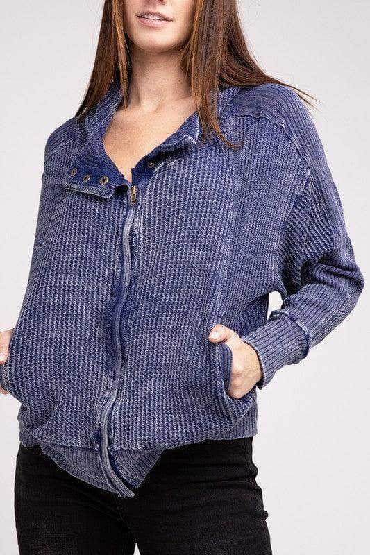 ZENANA Acid Wash Cotton Waffle Hooded Zip-Up Jacket - SwagglyLife Home & Fashion