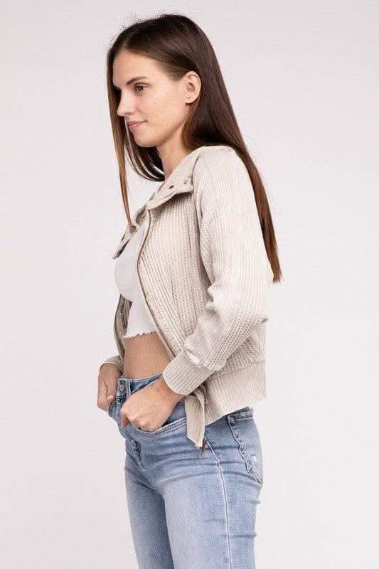 ZENANA Acid Wash Cotton Waffle Hooded Zip-Up Jacket - SwagglyLife Home & Fashion