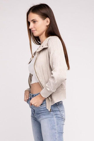ZENANA Acid Wash Cotton Waffle Hooded Zip-Up Jacket - SwagglyLife Home & Fashion