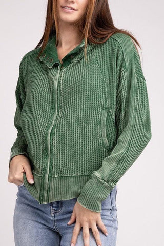 ZENANA Acid Wash Cotton Waffle Hooded Zip-Up Jacket - SwagglyLife Home & Fashion