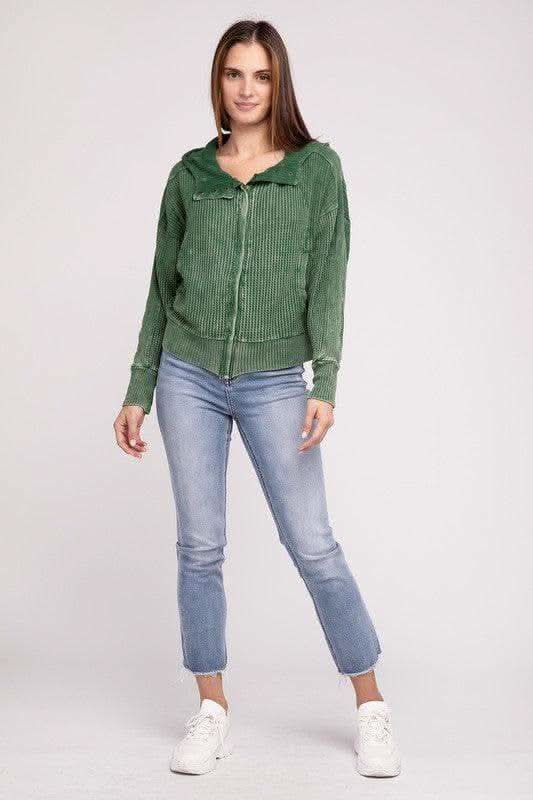 ZENANA Acid Wash Cotton Waffle Hooded Zip-Up Jacket - SwagglyLife Home & Fashion