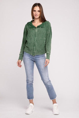 ZENANA Acid Wash Cotton Waffle Hooded Zip-Up Jacket - SwagglyLife Home & Fashion