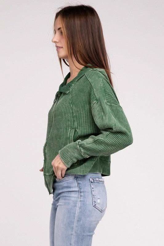 ZENANA Acid Wash Cotton Waffle Hooded Zip-Up Jacket - SwagglyLife Home & Fashion