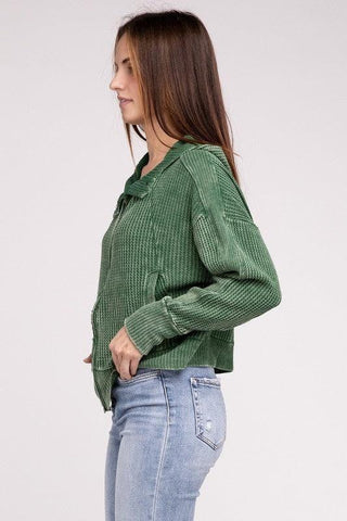 ZENANA Acid Wash Cotton Waffle Hooded Zip-Up Jacket - SwagglyLife Home & Fashion