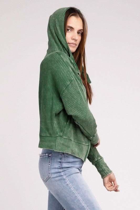 ZENANA Acid Wash Cotton Waffle Hooded Zip-Up Jacket - SwagglyLife Home & Fashion