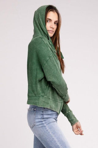 ZENANA Acid Wash Cotton Waffle Hooded Zip-Up Jacket - SwagglyLife Home & Fashion