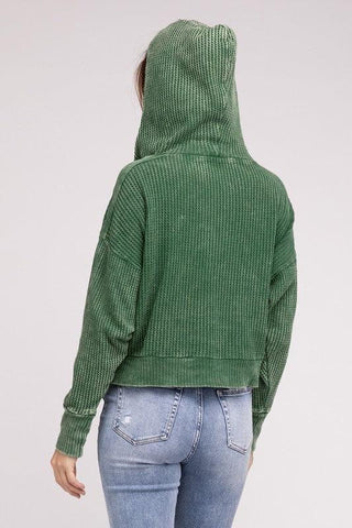 ZENANA Acid Wash Cotton Waffle Hooded Zip-Up Jacket - SwagglyLife Home & Fashion