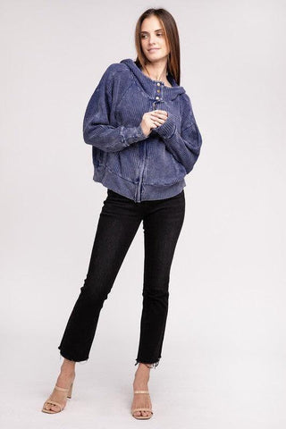 ZENANA Acid Wash Cotton Waffle Hooded Zip-Up Jacket - SwagglyLife Home & Fashion