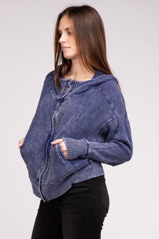 ZENANA Acid Wash Cotton Waffle Hooded Zip-Up Jacket - SwagglyLife Home & Fashion