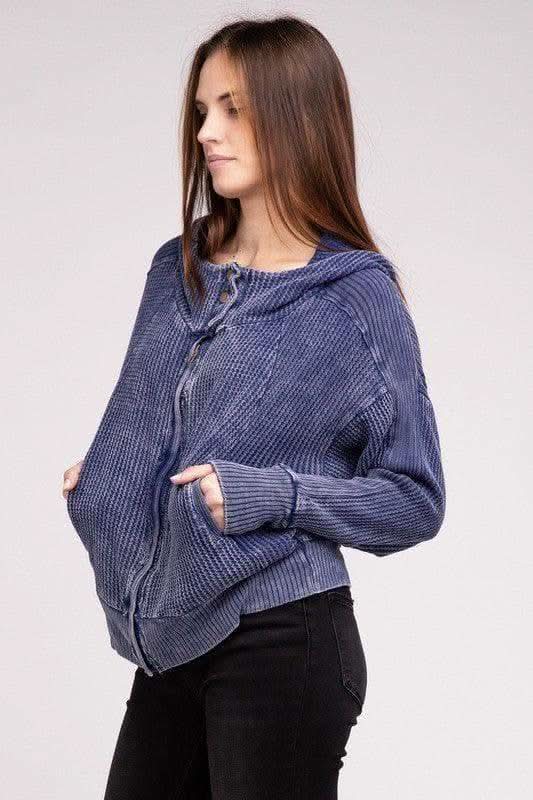 ZENANA Acid Wash Cotton Waffle Hooded Zip-Up Jacket - SwagglyLife Home & Fashion